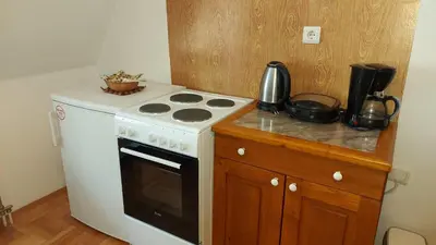 a kitchen with a white stove top oven next to a counter at Marko'S Apartments in Kopaonik