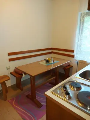 a kitchen with a wooden table and a sink at Marko'S Apartments in Kopaonik