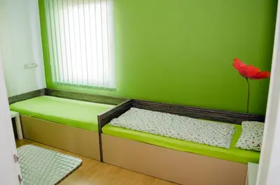 a green room with a bed with a flower on it at Sweet Apartments or Rooms in Niš