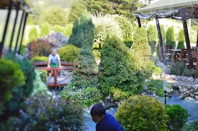 a boy is standing in a garden with a pond at Guest House Vila Horizont in Goč