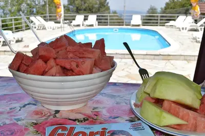 a bowl of watermelon on a table next to a plate at Guest House Vila Horizont in Goč