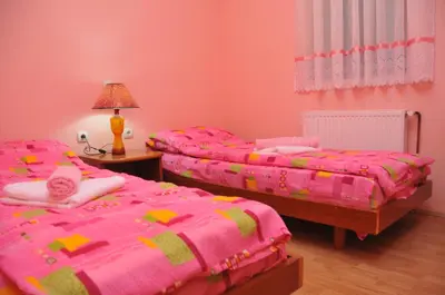two twin beds in a room with pink walls at Vila Čajetinski biser-Apartment Classic in Kopaonik