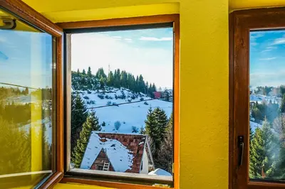 a window with a view of a snowy mountain at Vila Čajetinski biser-Apartment Classic in Kopaonik