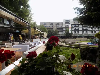 a row of tables with red flowers on them at Apartment Sofia-Konaci in Kopaonik