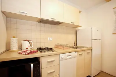 a small kitchen with a stove and a refrigerator at Alpine Retreat Čupino Sokače in Kopaonik