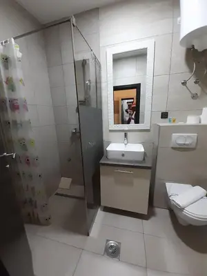 a bathroom with a toilet and a sink and a shower at Panorama apartments in Milmari Resort in Kopaonik