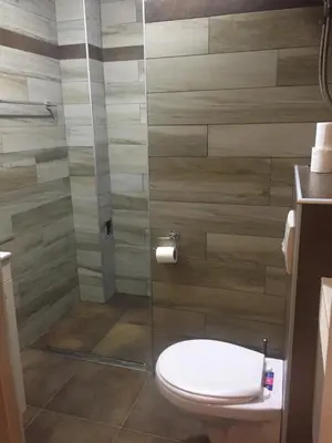 a bathroom with a toilet and a glass shower at Panorama apartments in Milmari Resort in Kopaonik