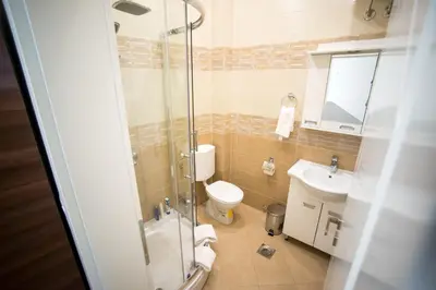 a bathroom with a shower and a toilet and a sink at Apel Luxury in Niš