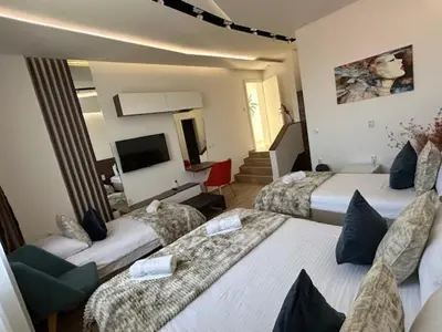 a hotel room with two beds and a television at Apel Luxury in Niš