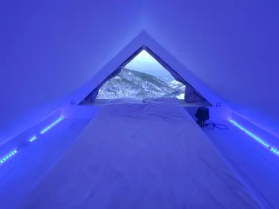 a purple room with a bed and a window at Apartment Jelena in Kopaonik