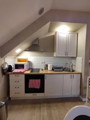 a kitchen with white cabinets and a stove top oven at Apartment Jelena in Kopaonik