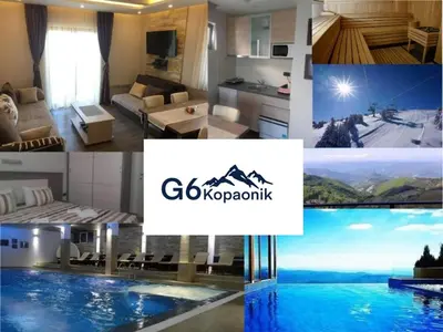 a collage of photos of a house with a swimming pool at Apartment G6 in Kopaonik