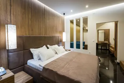 a bedroom with a large bed with a wooden wall at Hotel Crystal Light in Niš