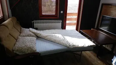 a bed in a room with a desk and a television at Vila Tisa in Kopaonik