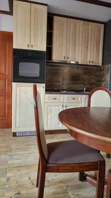 a kitchen with a wooden table and a stove at Vila Tisa in Kopaonik