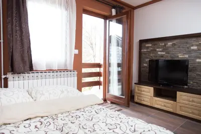 a bedroom with a bed and a flat screen tv at Vila Tisa in Kopaonik