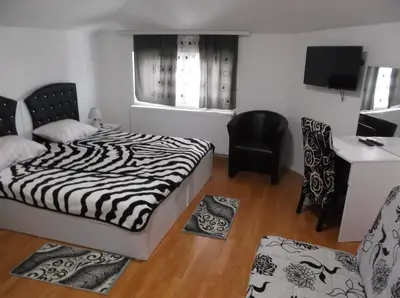 a bedroom with a bed and a desk and a chair at Prenociste Bojan 017 in Vranje