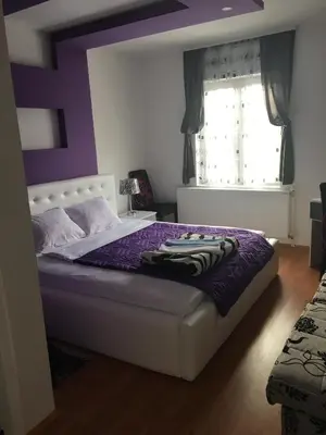 a bedroom with a bed with purple sheets and a window at Prenociste Bojan 017 in Vranje