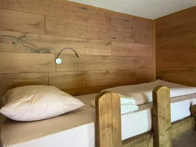 two beds in a room with wooden walls at Apartments Park 2016 in Surdulica