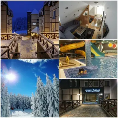 a collage of four pictures of a resort at Sunny Kop Čardaci in Kopaonik
