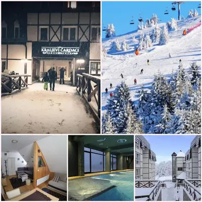 a collage of photos with people on a ski slope at Sunny Kop Čardaci in Kopaonik