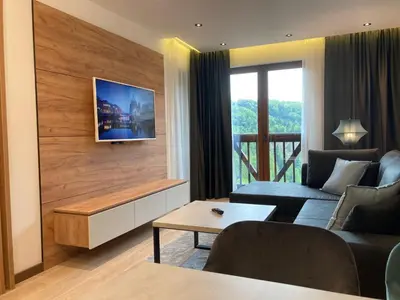 a living room with a couch and a tv on a wall at Vip Apartments Kopaonik in Kopaonik