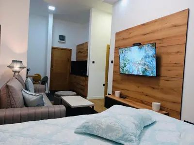 a bedroom with a bed and a tv on a wall at Vip Apartments Kopaonik in Kopaonik