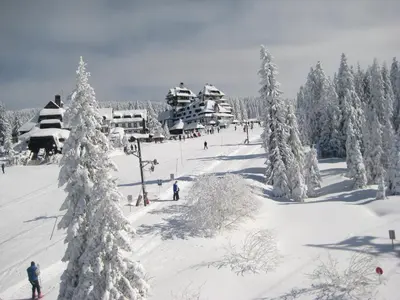 a group of people skiing down a snow covered slope at KOPAONIK-GONDOLA 100m in Brzeće
