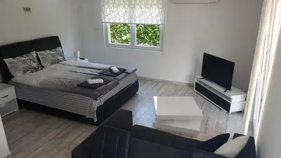 a bedroom with a bed and a couch and a tv at Apartment Azulmburgo in Vrnjačka Banja