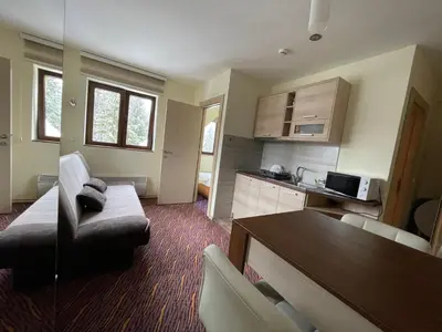 a living room with a couch and a kitchen at Apartment Koko in Kopaonik
