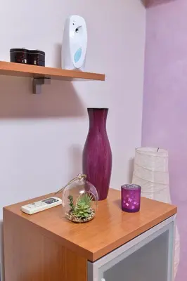 a table with a purple vase and a glass bowl with a plant at MB Apartments in Jagodina