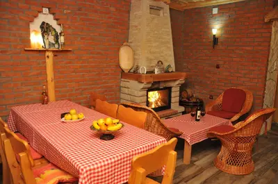 a dining room with two tables and a fireplace at Apartment Snow Garden in Kopaonik