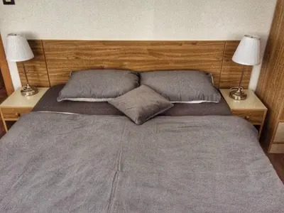 a bedroom with a bed with two lamps on two tables at KOP Centar Aviator in Kopaonik