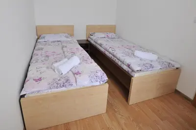 two twin beds in a room with wooden floors at Dobricin Konak Apartmani in Kopaonik