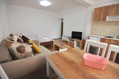 a living room with a couch and a table at Dobricin Konak Apartmani in Kopaonik