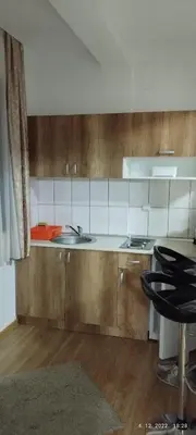 a kitchen with wooden cabinets and a sink at Dobricin Konak Apartmani in Kopaonik