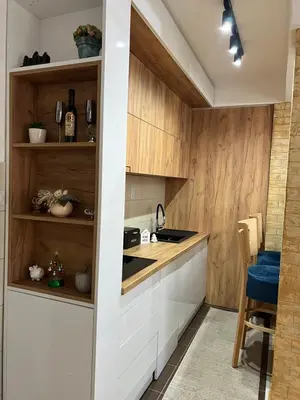 a kitchen with white cabinets and wooden walls at Holiday Lux Apartment in Soko Banja