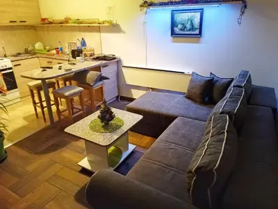 a living room with a couch and a table at Smiley Apartman in Vrnjačka Banja