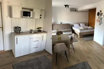 a kitchen and living room with a table and a couch at Apartments Ivan in Niš