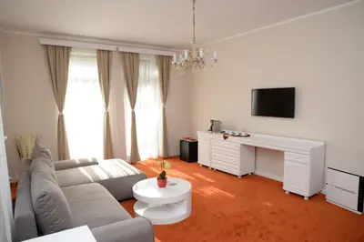 a living room with a couch and a tv at Zepter Spa Wellness Hotel & Zepterme member of Zepter Hotels in Vrnjačka Banja