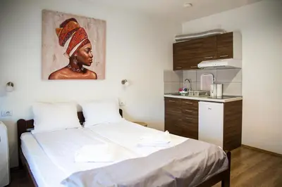 a small bedroom with a bed and a kitchen at Apartments Velickovic in Soko Banja