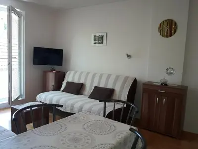 a living room with a couch and a table at Studio S Sokobanja in Soko Banja