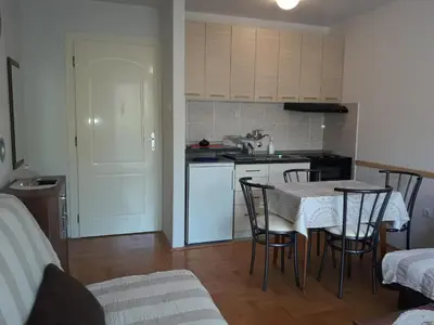 a kitchen with a table and chairs in a room at Studio S Sokobanja in Soko Banja