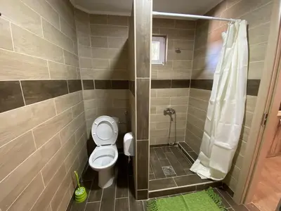 a small bathroom with a toilet and a shower at Apartments Zlatko in Soko Banja