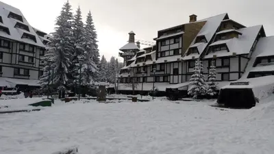 a snow covered yard in front of a lodge at Apartment Dunja Konaci in Kopaonik
