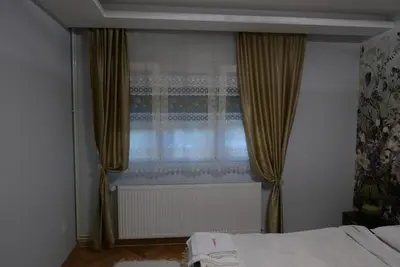 a bedroom with a bed and a window with curtains at Apartment Zavičaj in Vrnjačka Banja