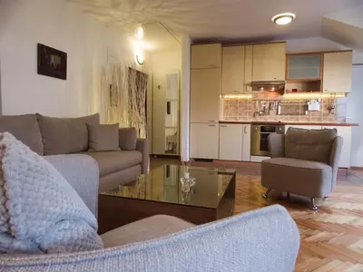 a living room with a couch and a table at Apartment Niš Center in Niš