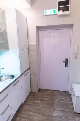 a kitchen with a white door and a sink at SPA Apartment Nalis in Niš