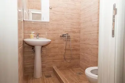 a bathroom with a sink and a shower and a toilet at Prenoćište Kovač in Vranje
