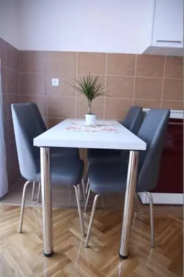 a table with four chairs and a potted plant on it at Apartments Lukic in Vrnjačka Banja